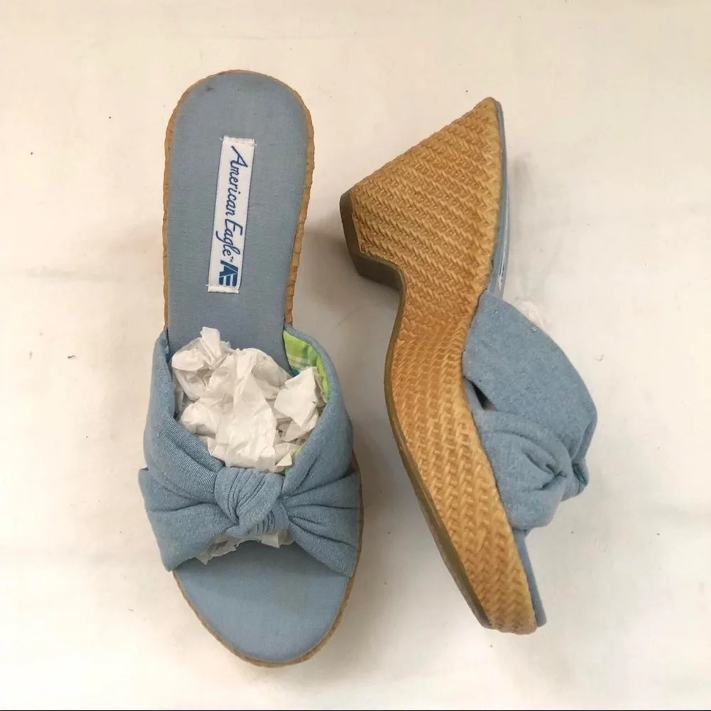 Y2K American Eagle Wedges Platform Chunky Blue Denim Knot Sandals Knot Boho 2000